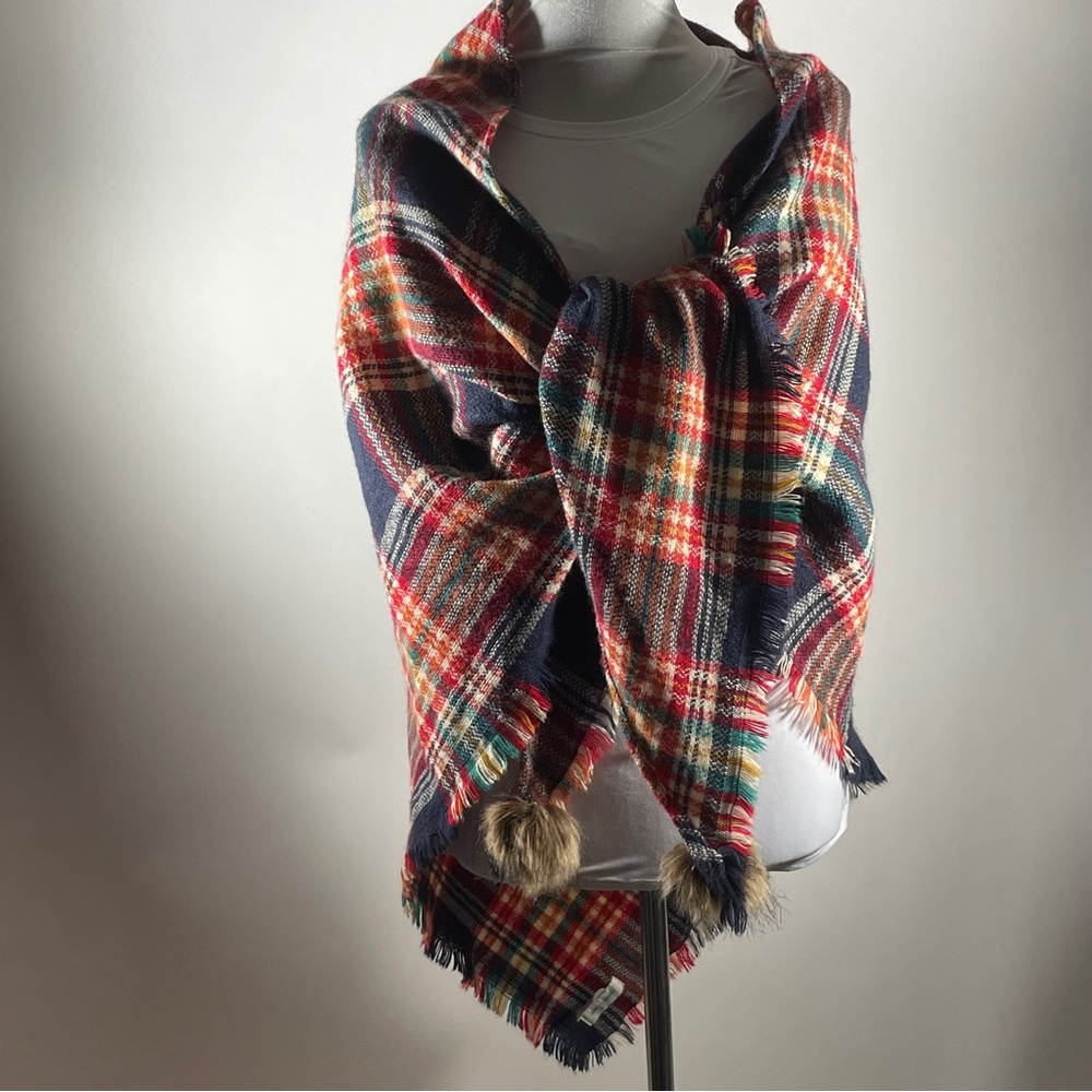 Grace & Lace Plaid Blanket Scarf – Multicolor Tartan Wrap with Faux Fur Pom Poms